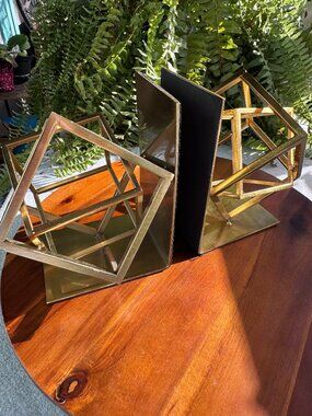 Set of 2 Brass Geometric Cube Bookends, Mid Century Office Bookshelf